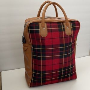 Red Plaid Carry Tote with Tan Leather Trim